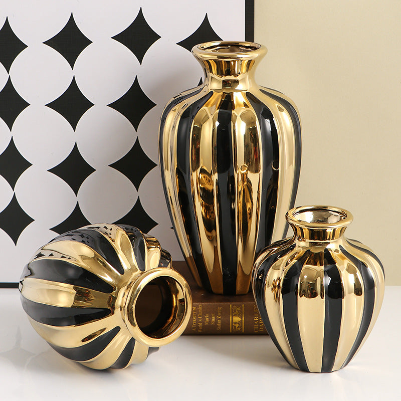 Sculptural Ceramic Vases in Gold and Black Finish