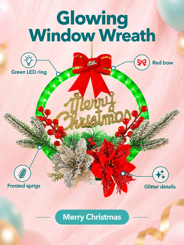 Lighted Christmas Window Wreath with Green LED Ring