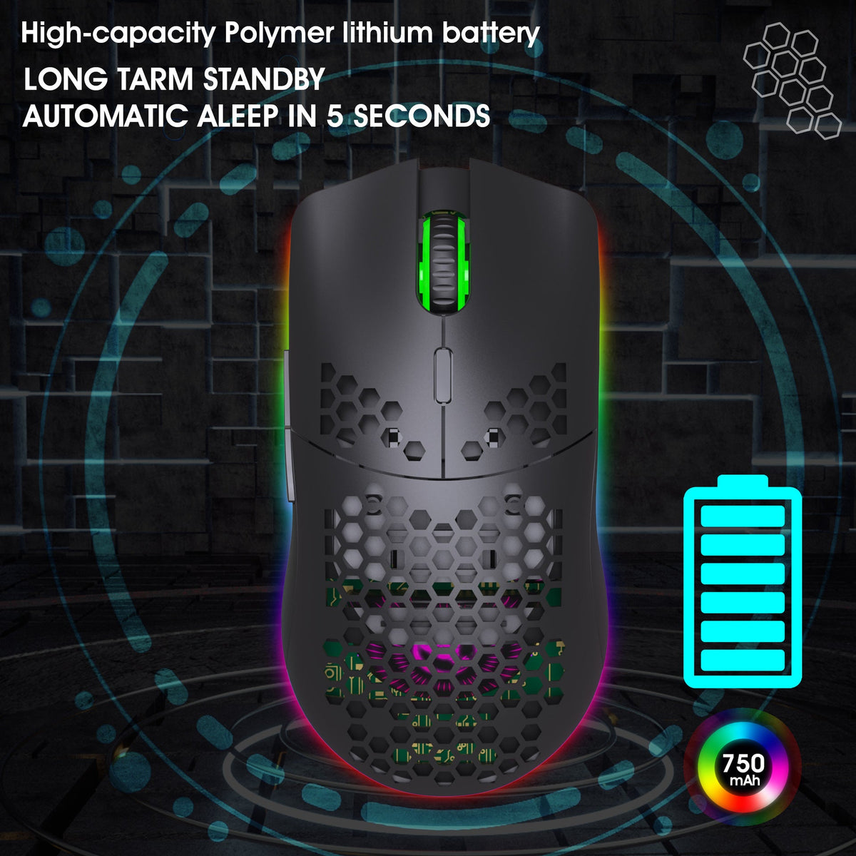 Lightweight RGB Wireless Mouse with Honeycomb Shell