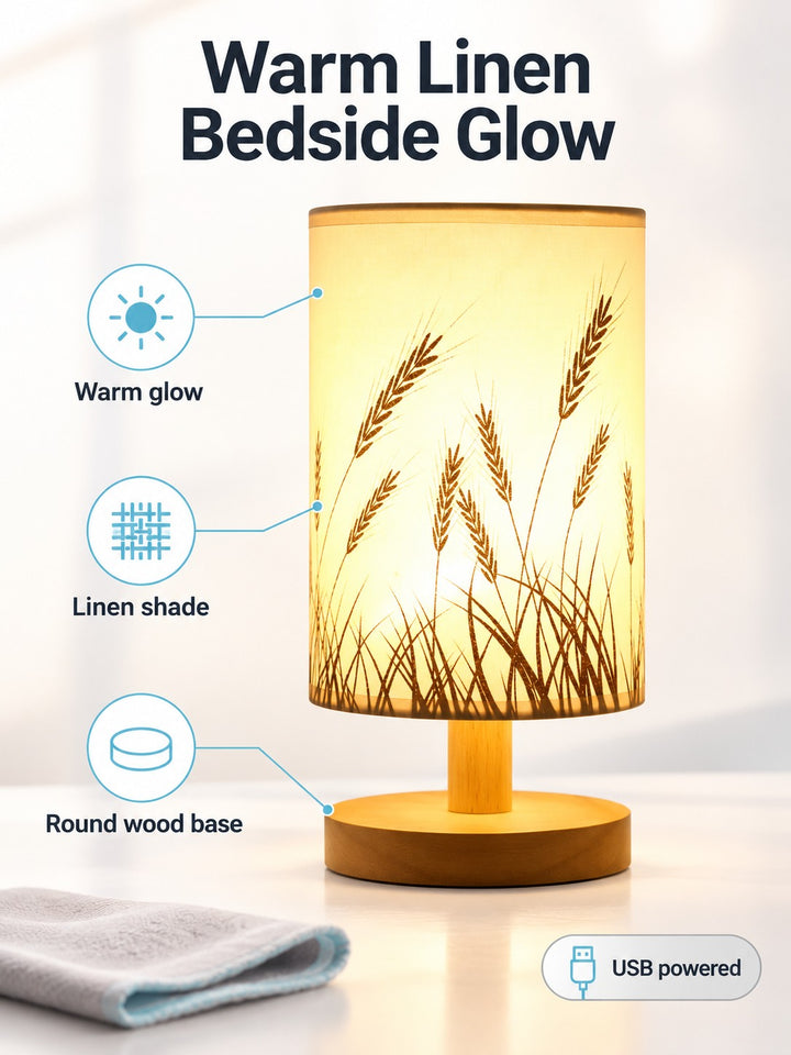 Linen Table Lamp with Warm USB Bedside Glow for Nightstand