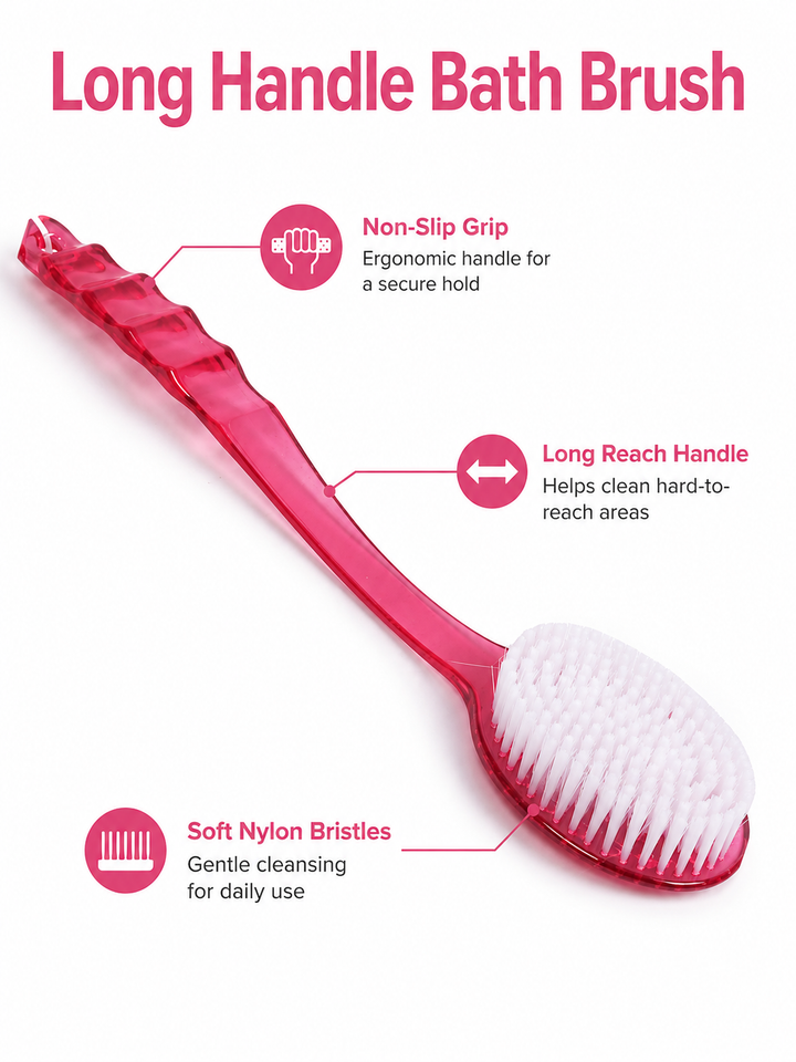 Long Handle Back Scrubber Brush — Soft Bristle Bath Brush