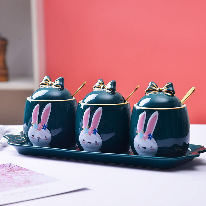 Bunny Ceramic Spice Jar Set of 3 with Gold Trim Lids