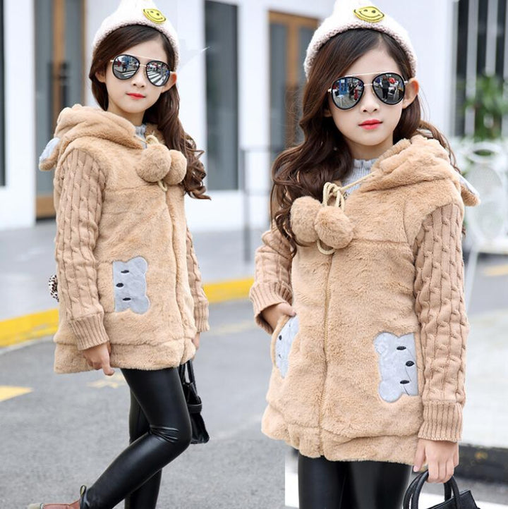 Girls Faux Fur Winter Coat With Cute Bear Details