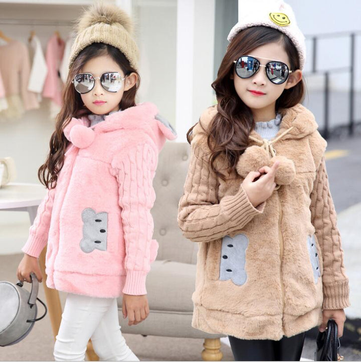Girls Faux Fur Winter Coat With Cute Bear Details