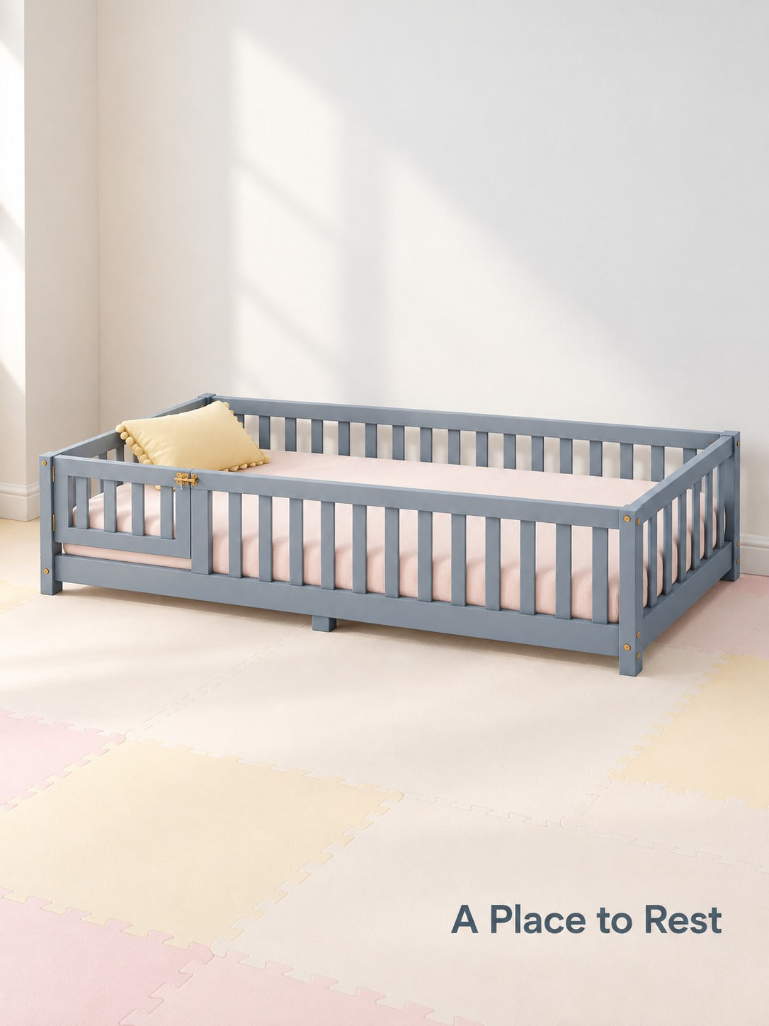 Low Floor Twin Bed with Guardrails and Door for Kids
