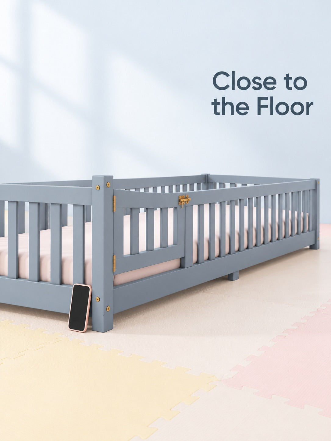 Low Floor Twin Bed with Guardrails and Door for Kids