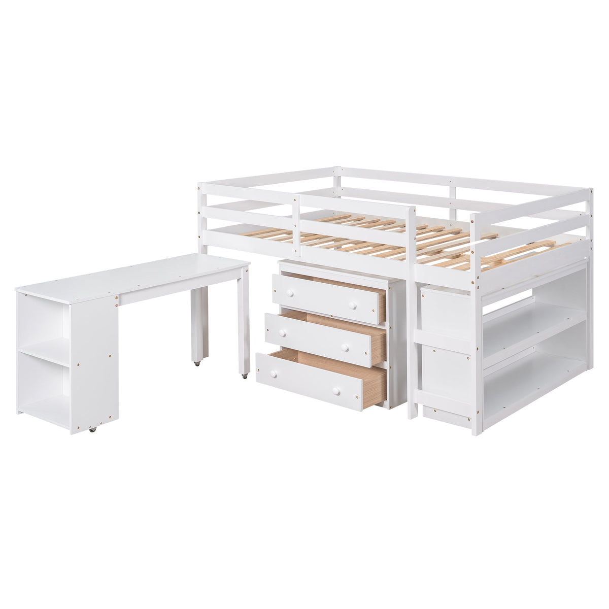 Low Kids Loft Bed with Drawers, Shelves & Desk, White