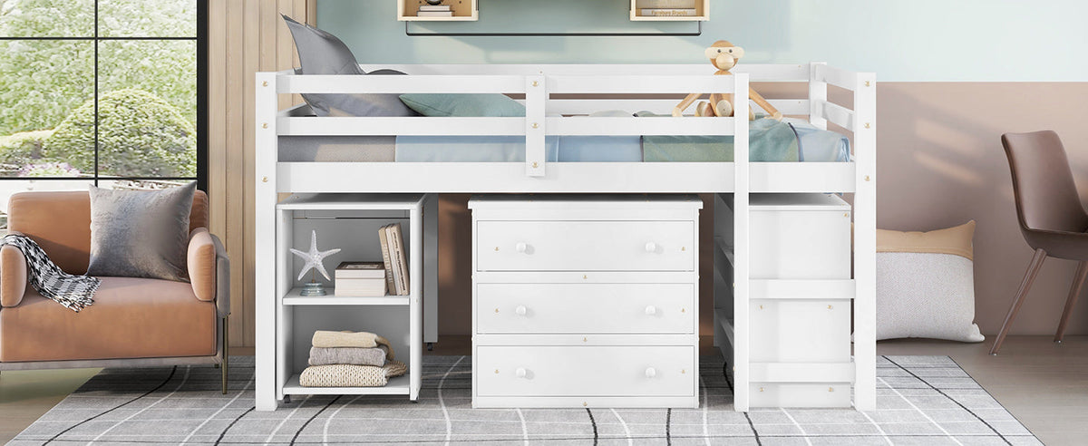 Low Kids Loft Bed with Drawers, Shelves & Desk, White