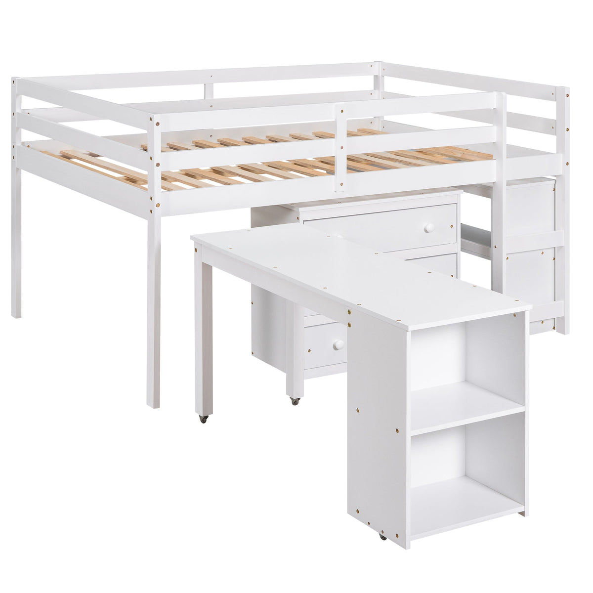 Low Kids Loft Bed with Drawers, Shelves & Desk, White