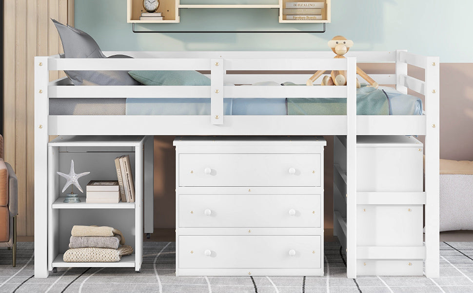 Low Kids Loft Bed with Drawers, Shelves & Desk, White