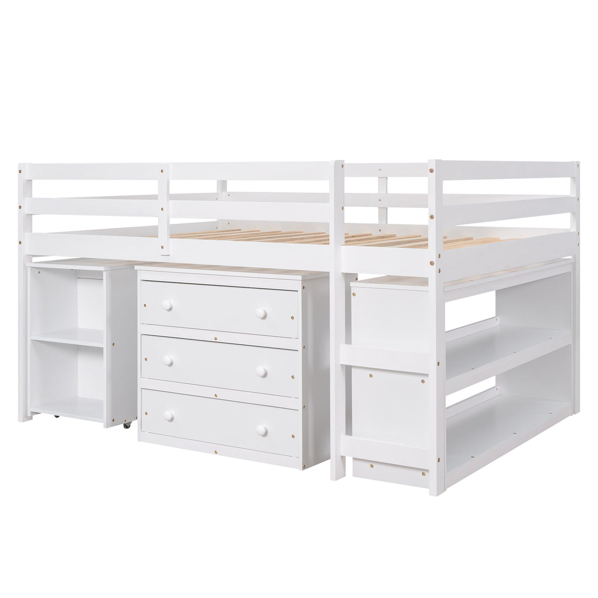 Low Kids Loft Bed with Drawers, Shelves & Desk, White