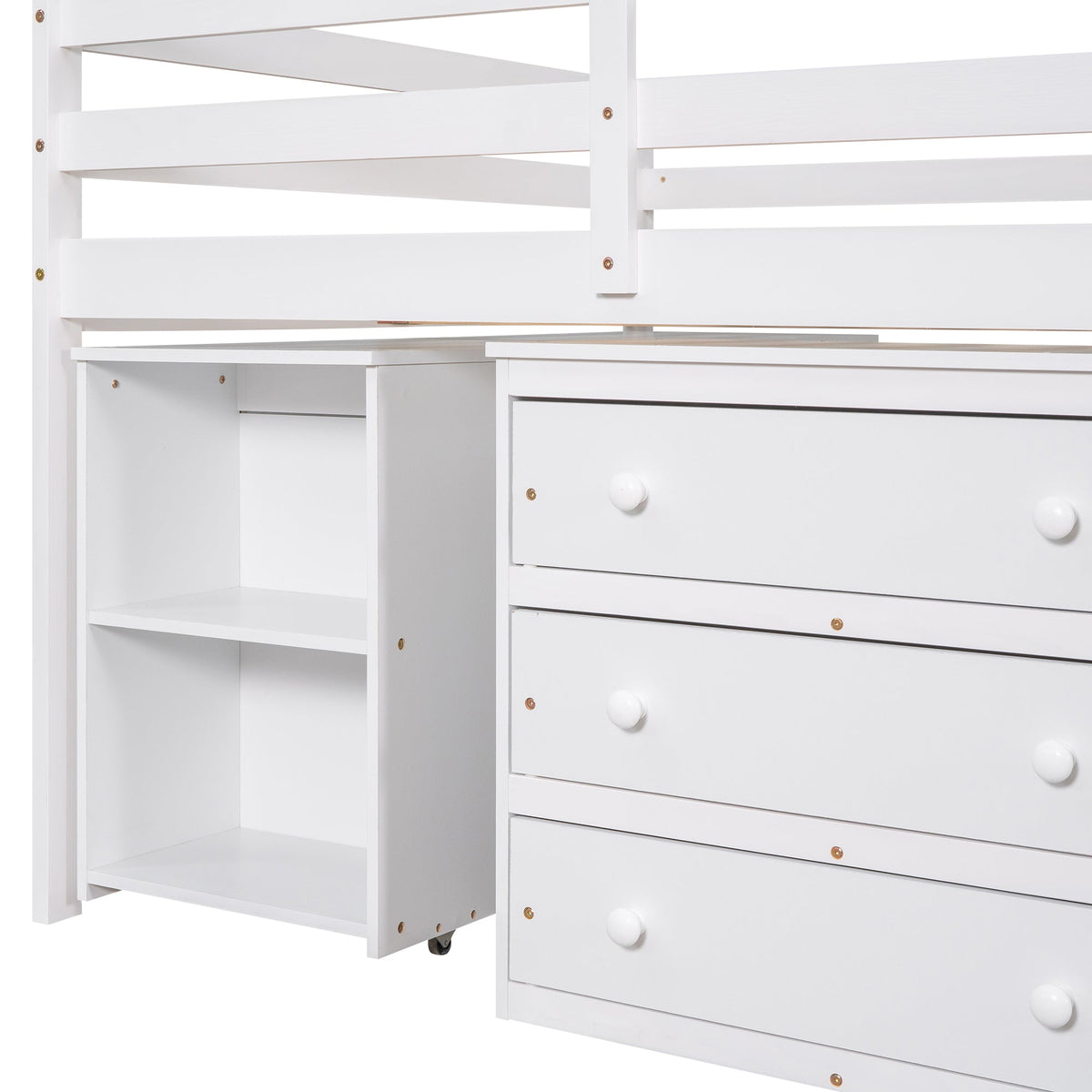 Low Kids Loft Bed with Drawers, Shelves & Desk, White