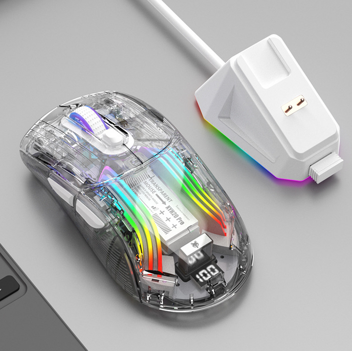 Transparent Wireless Gaming Mouse with RGB and Dock