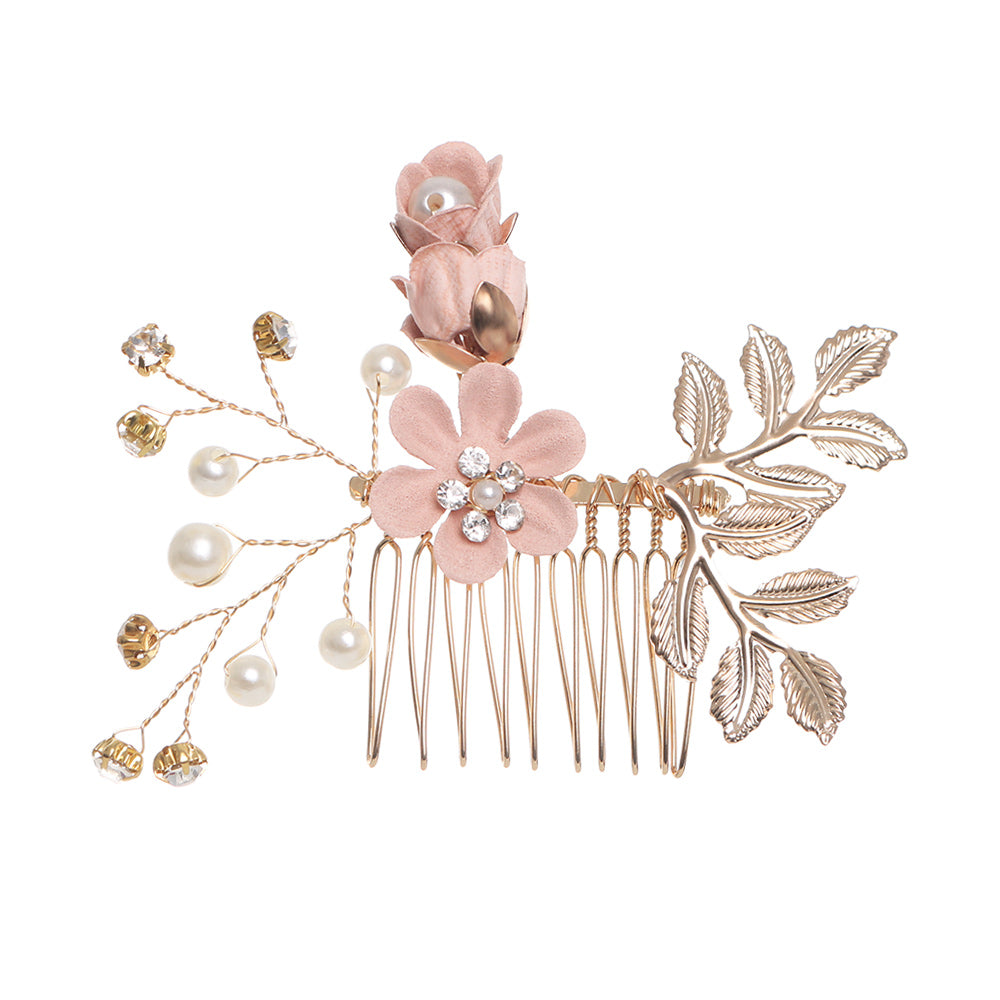 Blue Flower Bridal Hair Comb with Gold Filigree Leaves