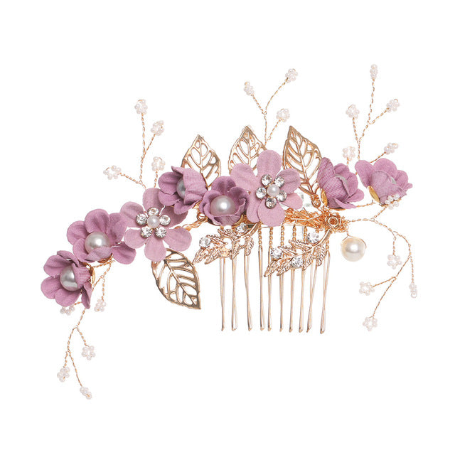 Blue Flower Bridal Hair Comb with Gold Filigree Leaves