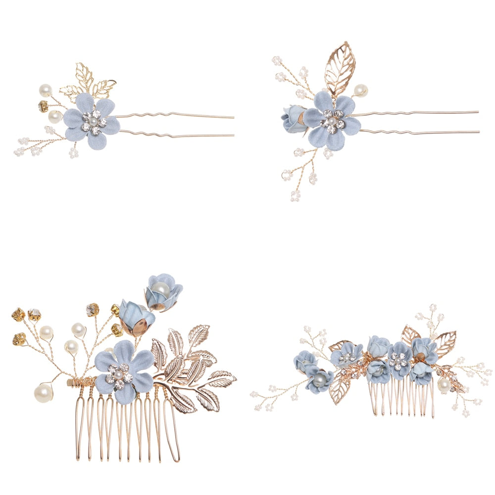 Blue Flower Bridal Hair Comb with Gold Filigree Leaves