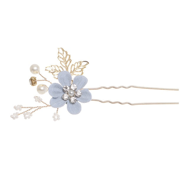 Blue Flower Bridal Hair Comb with Gold Filigree Leaves