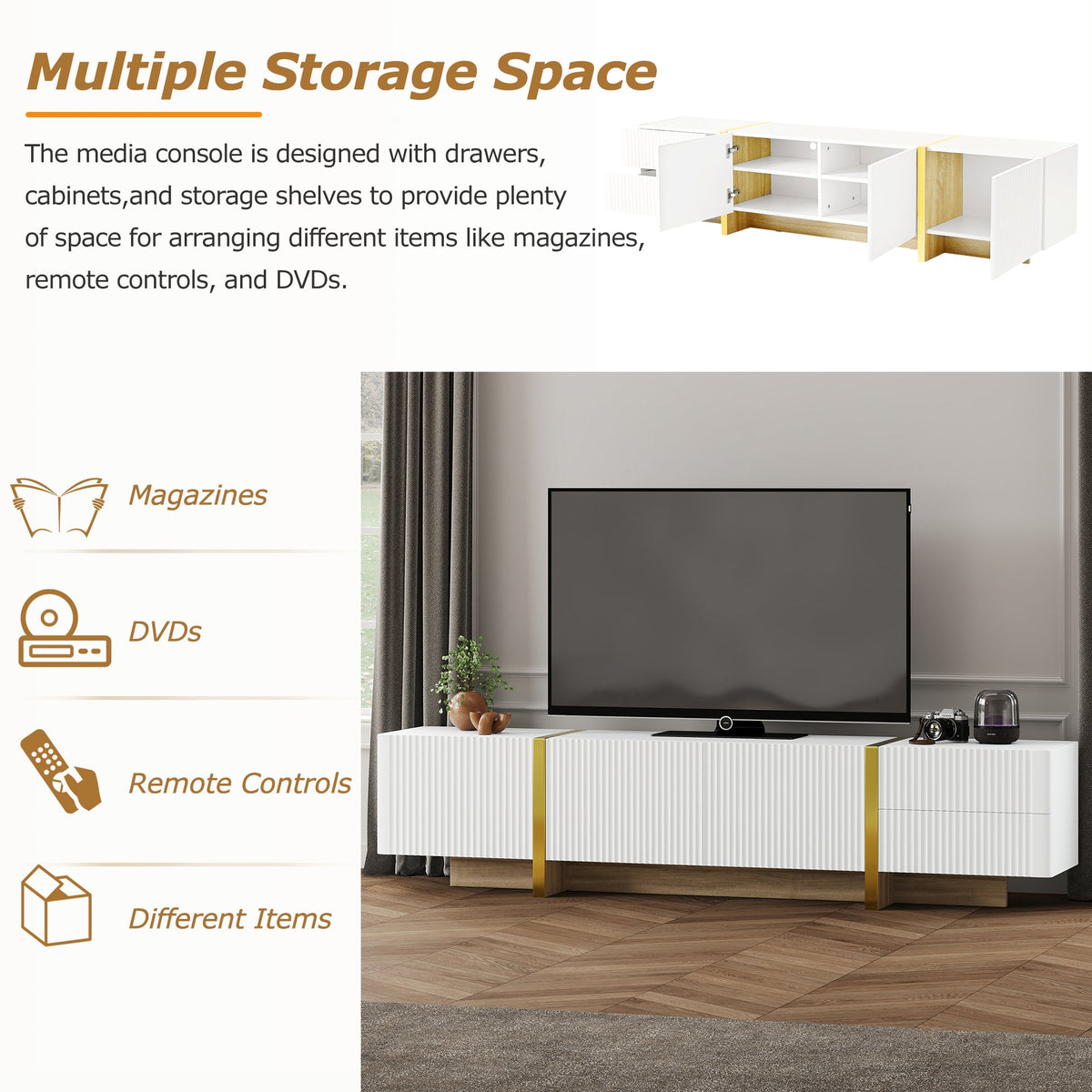 Luxury Fluted TV Stand for 80-Inch TVs with Storage