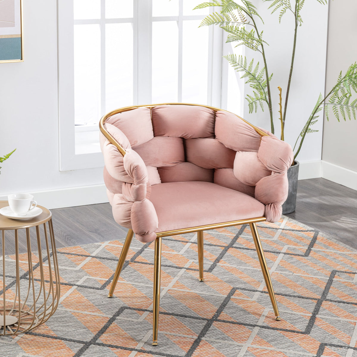 Pink Velvet Tufted Accent Chair with Gold Legs Set