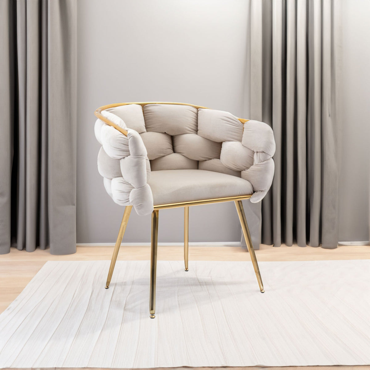 Beige Velvet Accent Chair with Gold Frame for Bedroom