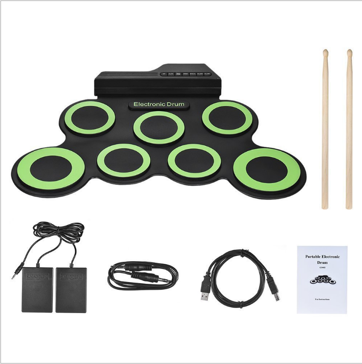Portable Electronic Drum Kit With 7 Silicone Drum Pads