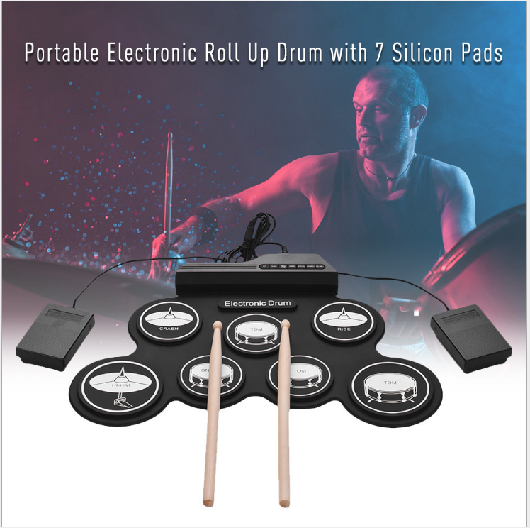 Portable Electronic Drum Kit With 7 Silicone Drum Pads