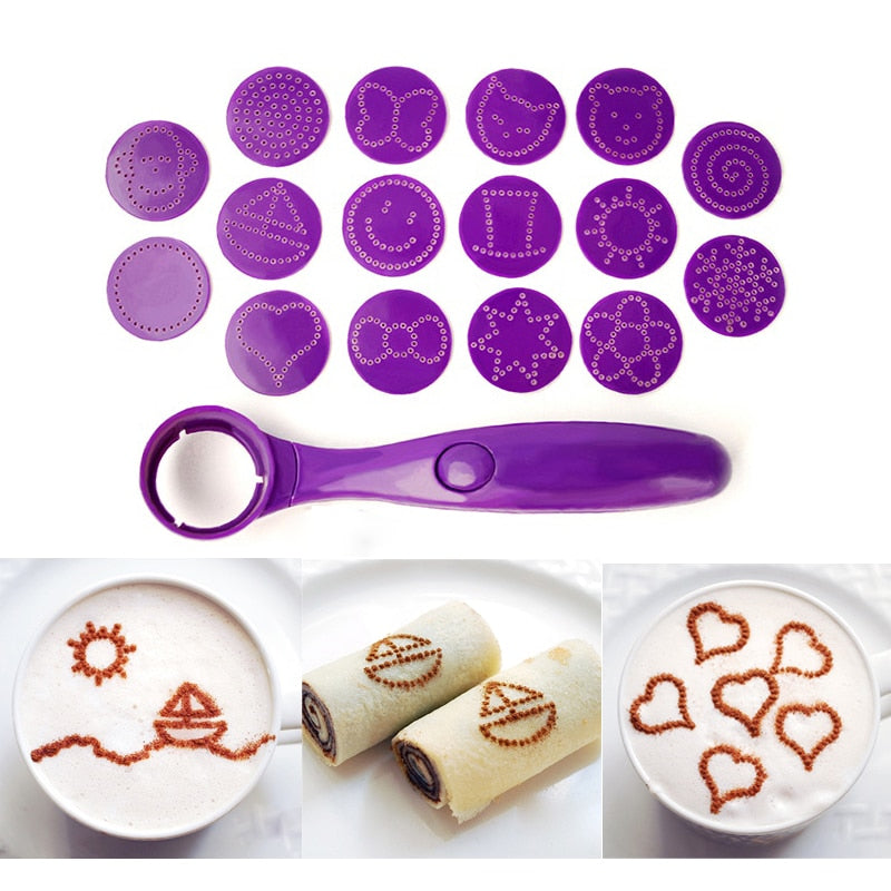Coffee Stencil Dusting Tool with 16 Designs for Cakes
