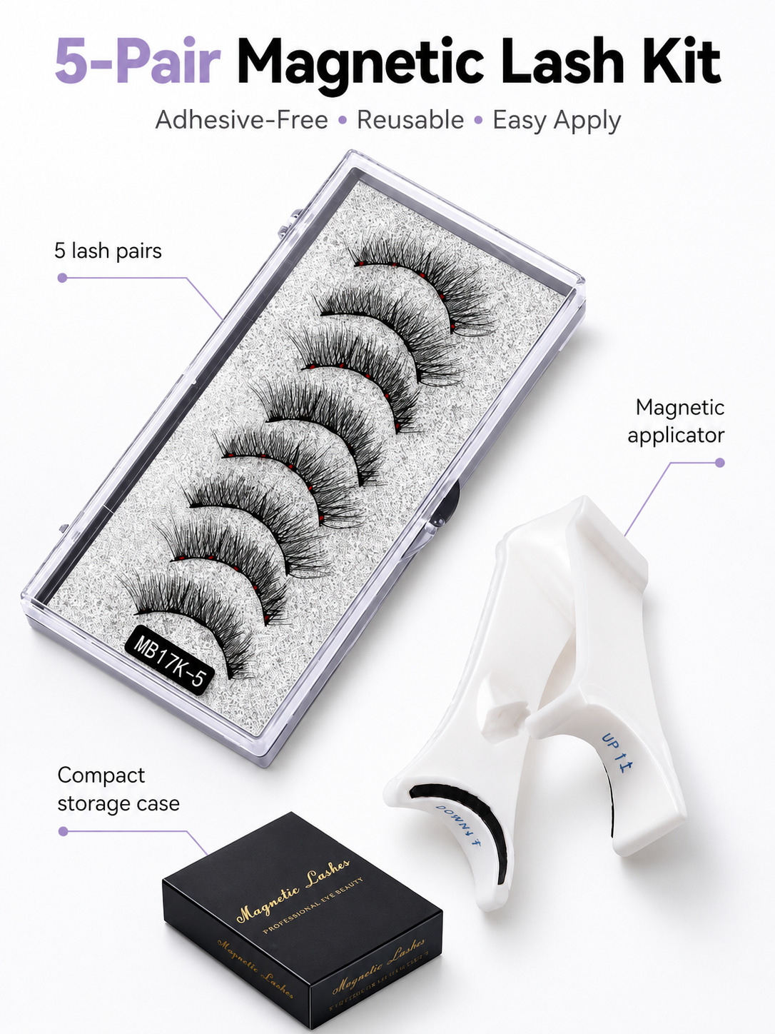 Magnetic Eyelash Kit — 5 Pairs, No Glue Applicator
