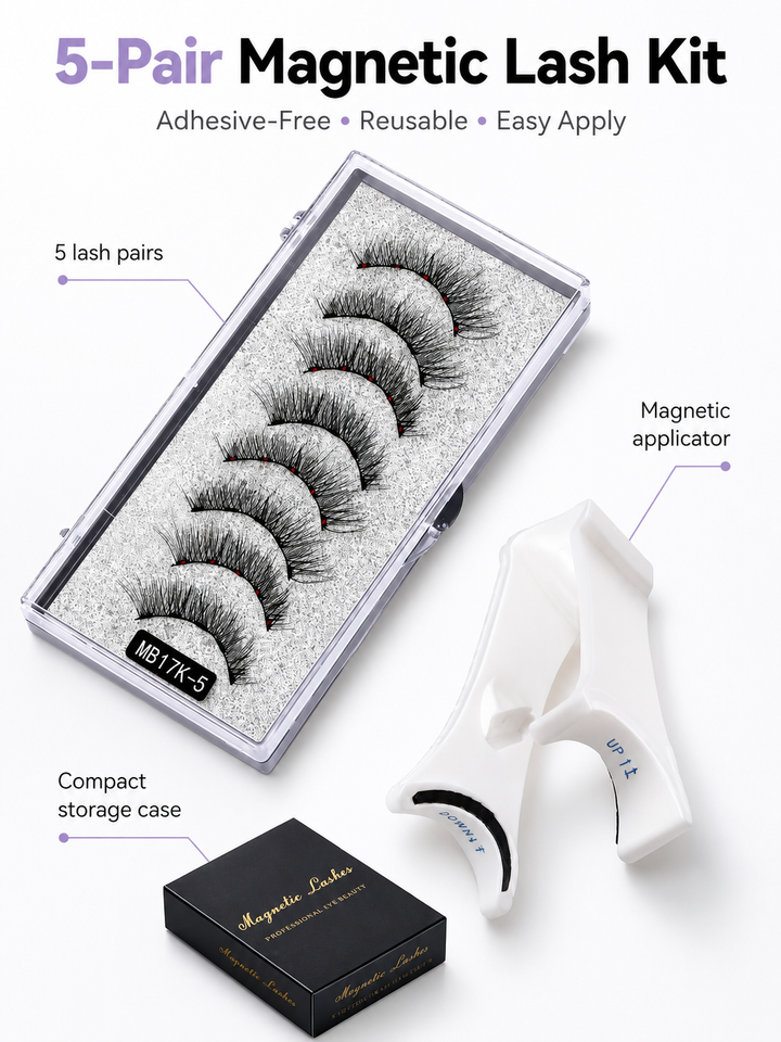 Magnetic Eyelash Kit — 5 Pairs, No Glue Applicator