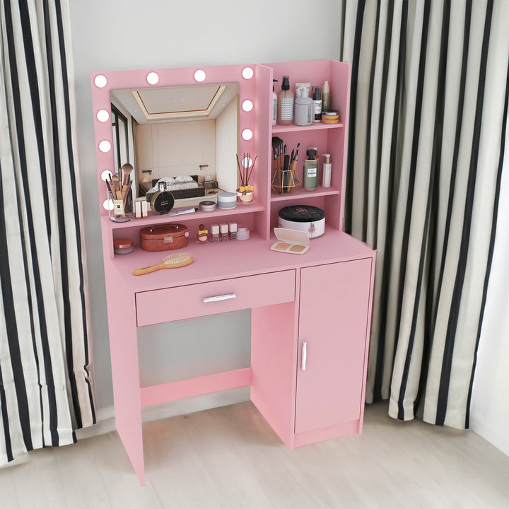 Pink Makeup Vanity Desk with Lighted Mirror & Storage
