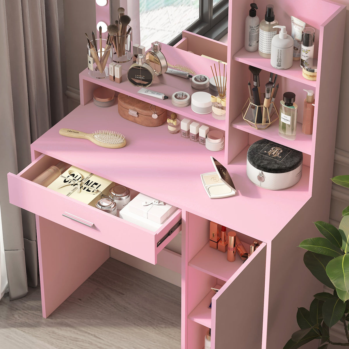 Pink Makeup Vanity Desk with Lighted Mirror & Storage