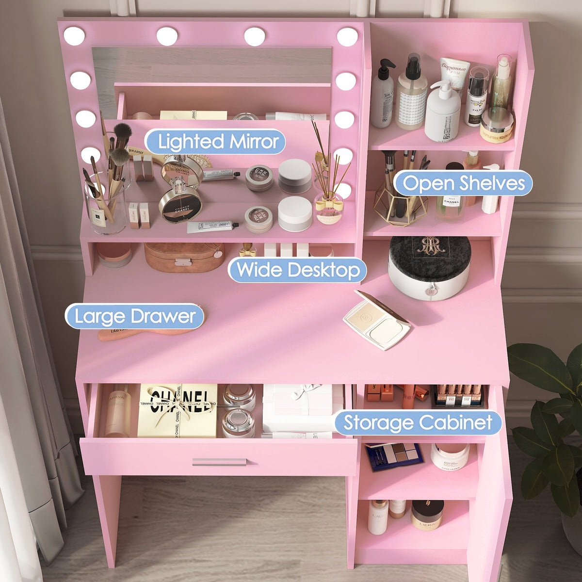 Pink Makeup Vanity Desk with Lighted Mirror & Storage