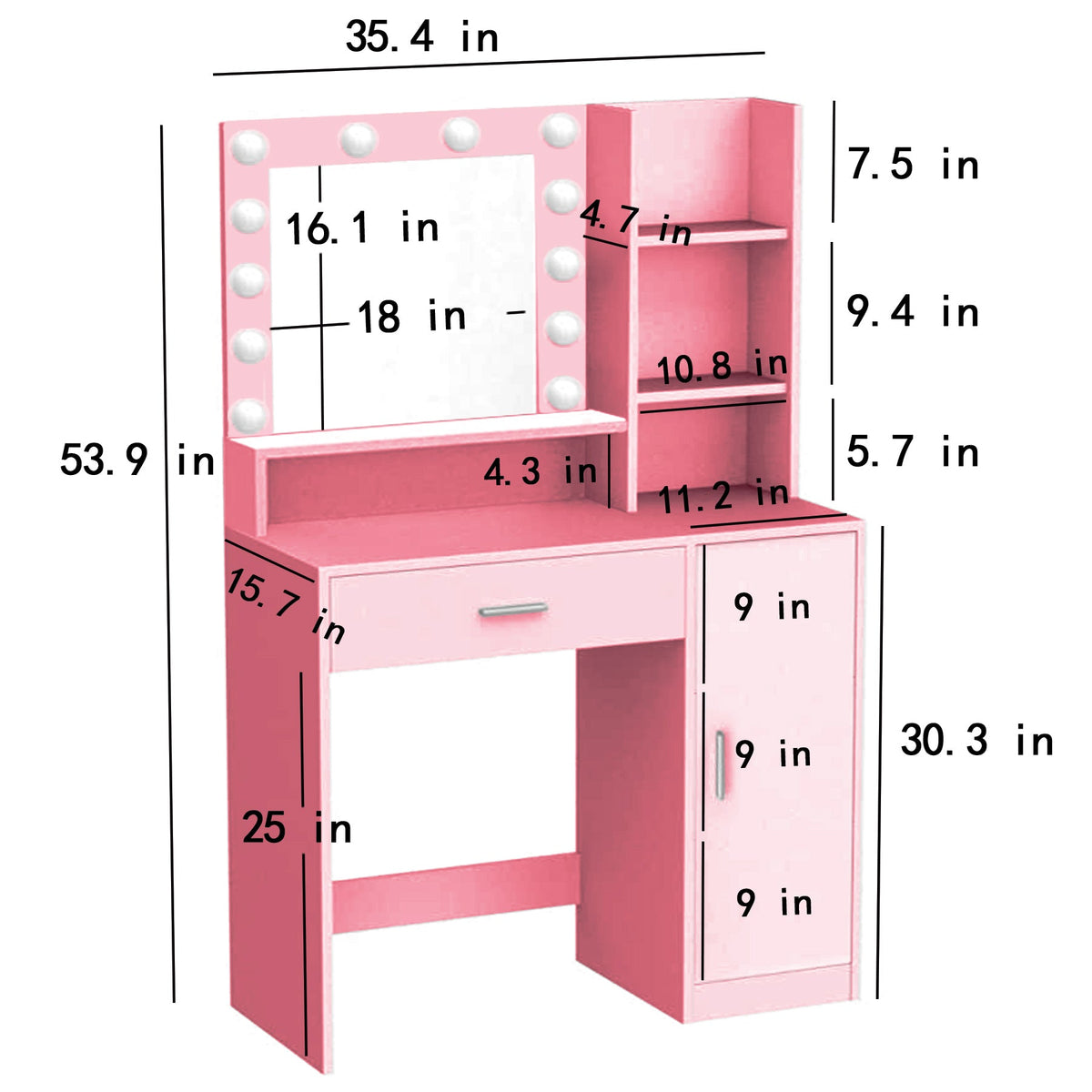 Pink Makeup Vanity Desk with Lighted Mirror & Storage