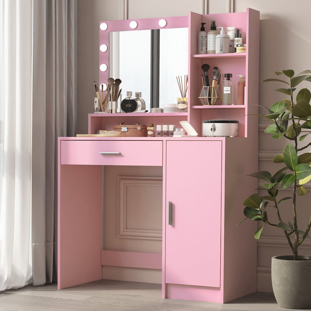 Pink Makeup Vanity Desk with Lighted Mirror & Storage