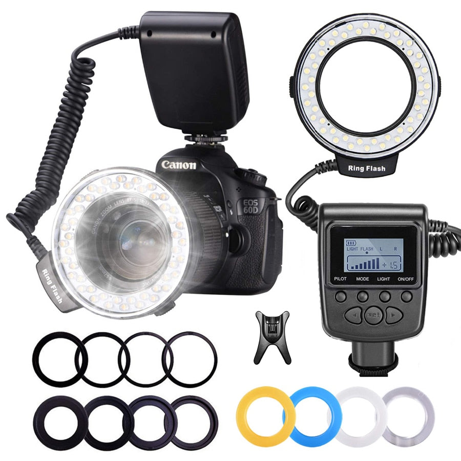 48 LED Macro Ring Flash with 8 Adapter Rings for DSLR