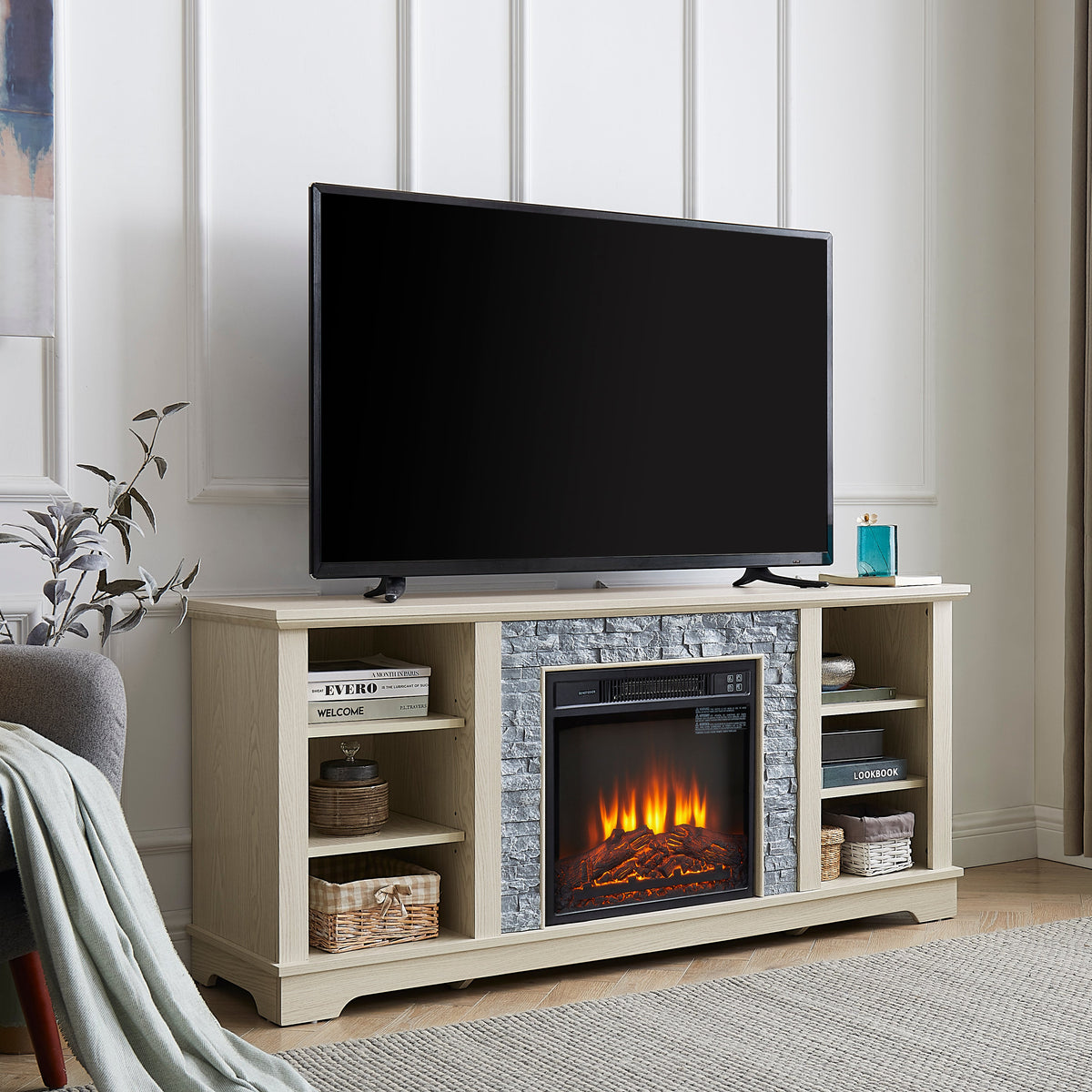 White Oak Electric Fireplace TV Stand with Open Storage