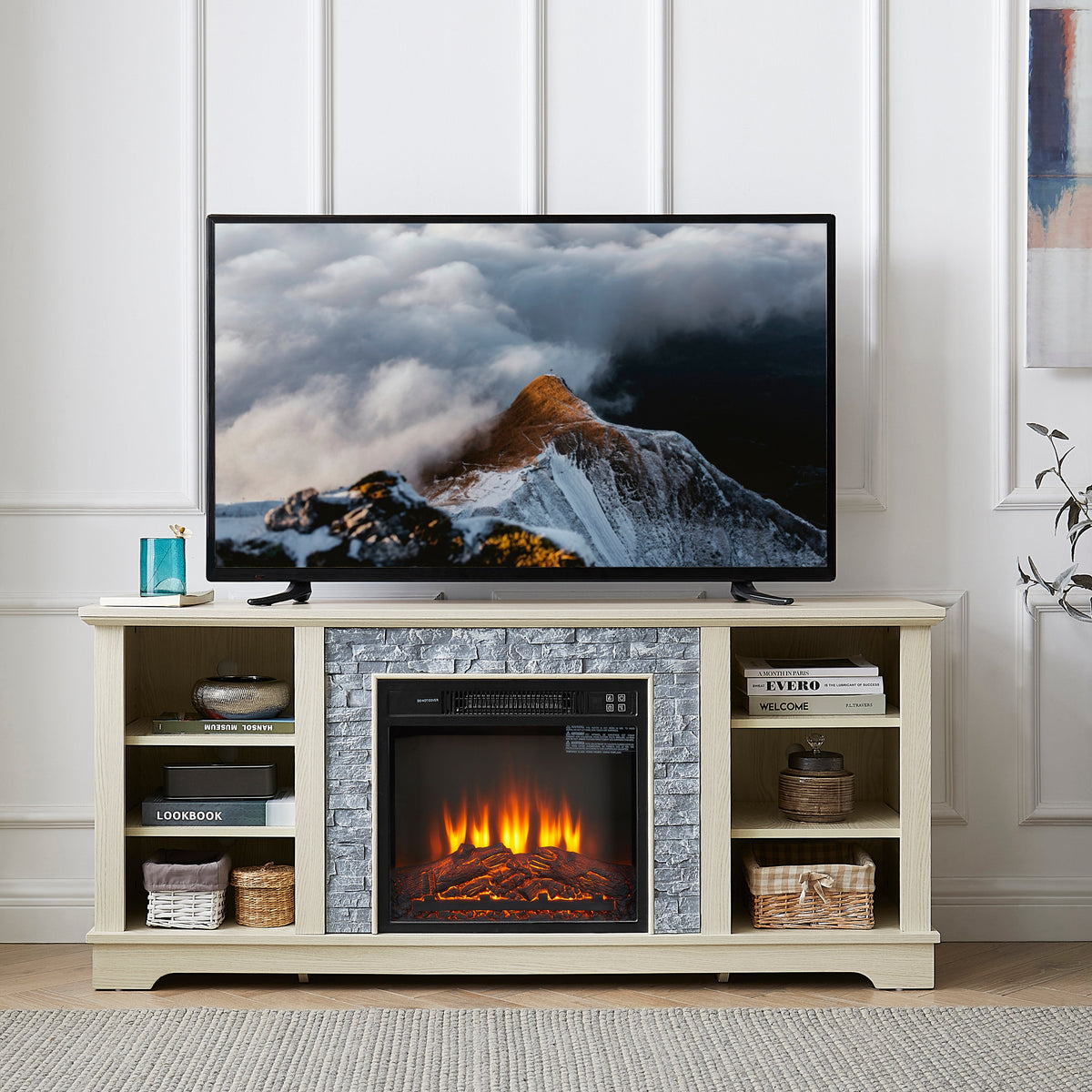 White Oak Electric Fireplace TV Stand with Open Storage