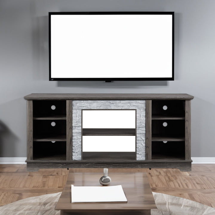 Modern Gray TV Console with Stacked Stone & Open Storage
