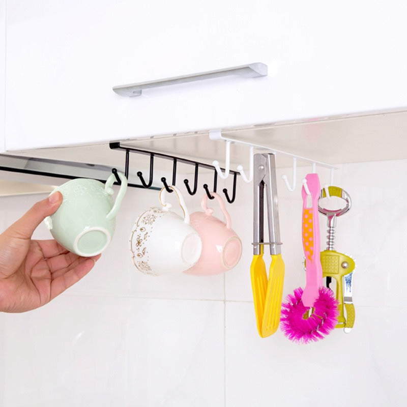Under Cabinet Kitchen Hooks: Six-Hook Matte Black Rail