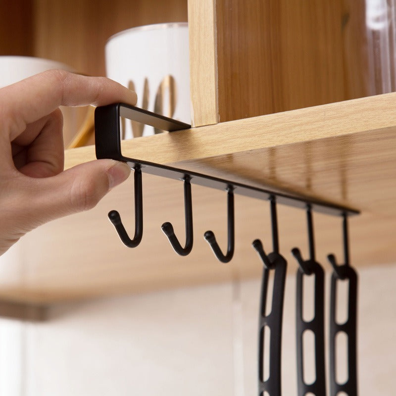 Under Cabinet Kitchen Hooks: Six-Hook Matte Black Rail