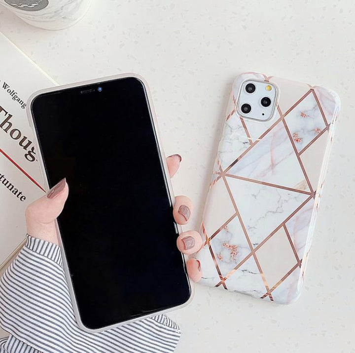 Marble Silicone Phone Case with Rose Gold Geometric Lines