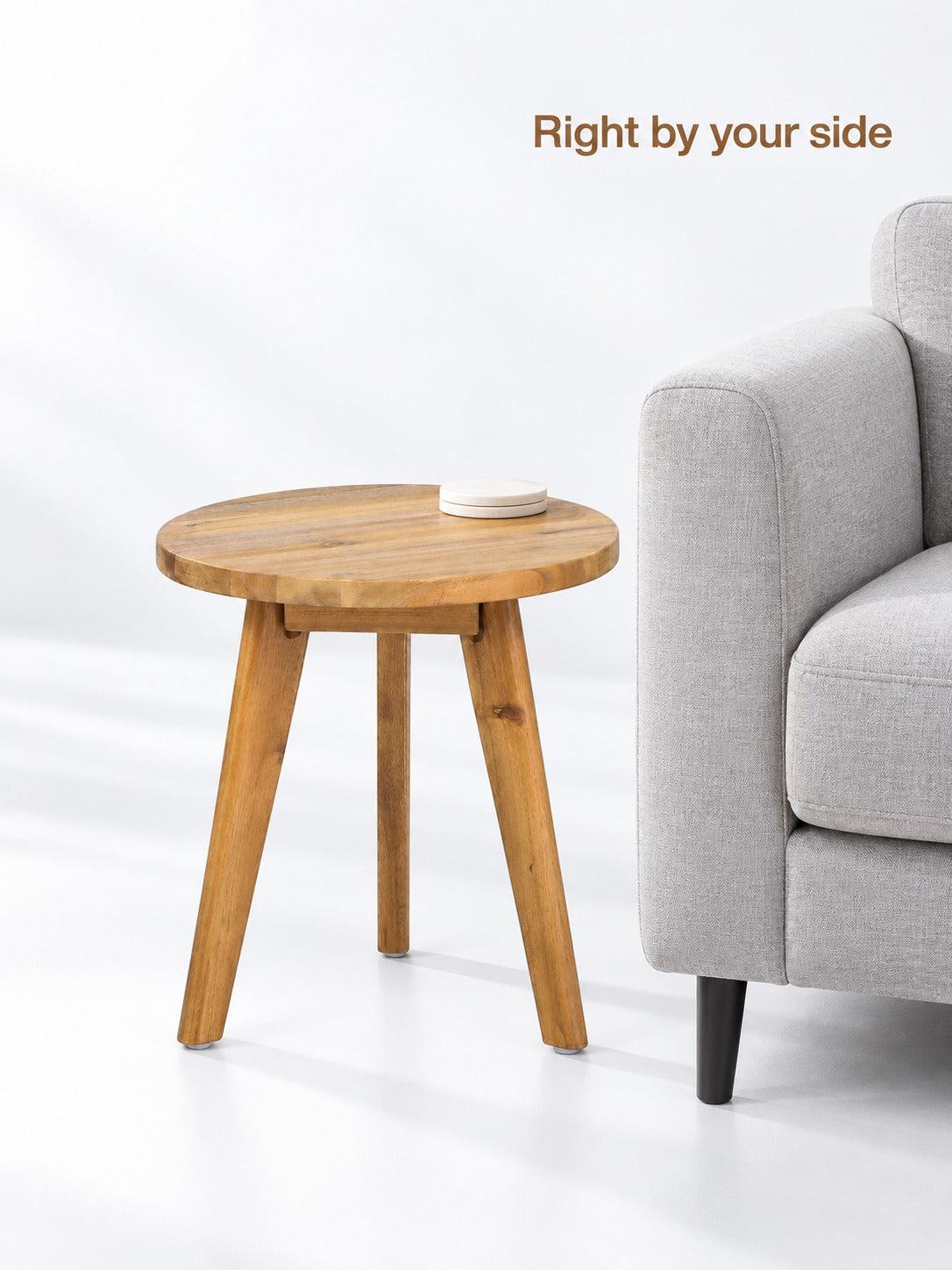 Round Wooden Side Table for Sofa, Compact Design