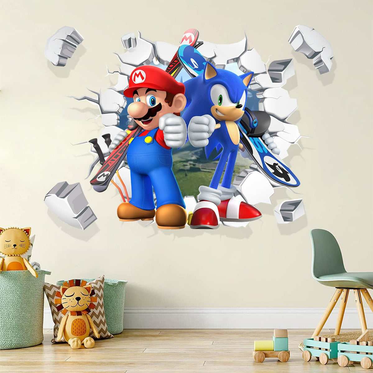 Mario Wall Sticker 3D Broken Wall Decal for Kids Room