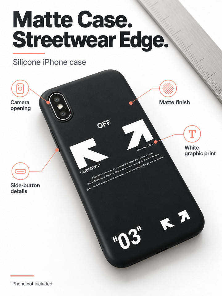 Matte Black Silicone iPhone Case with White Graphic Prints