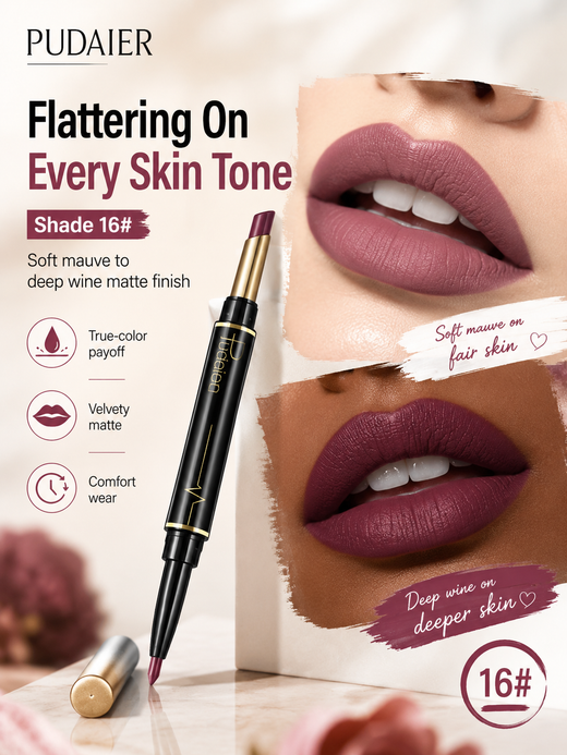 Dual-Ended Matte Lipstick & Lip Liner Pencil — Waterproof