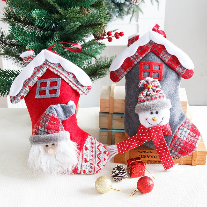 Christmas House Stockings With Santa & Snowman Charm