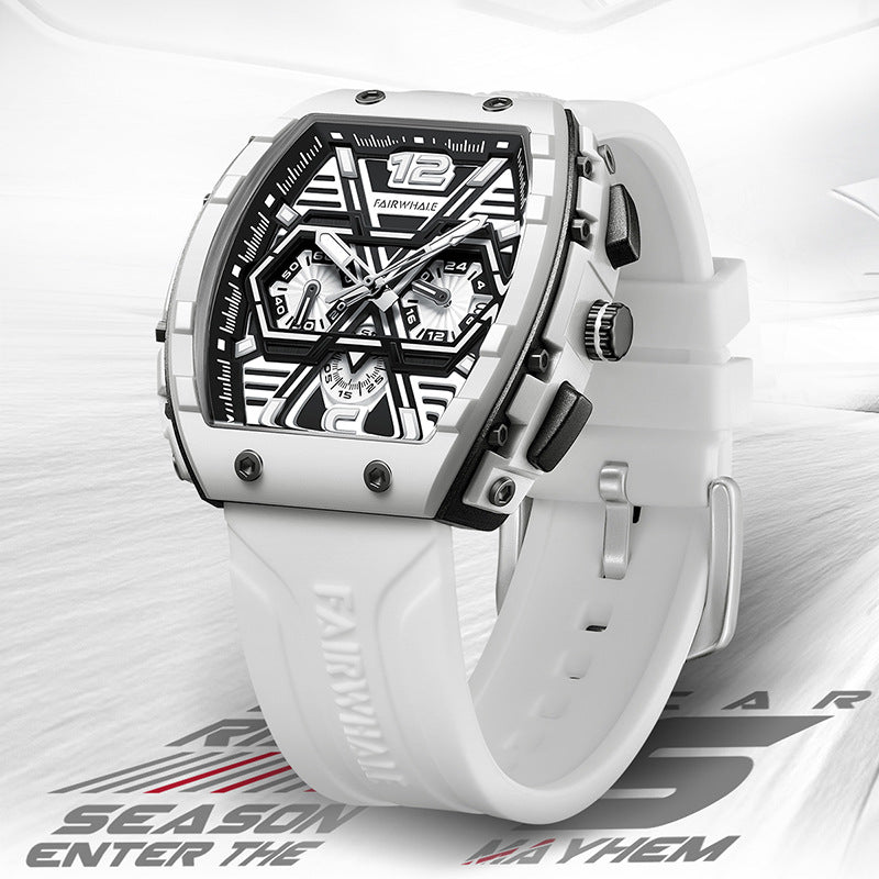 Men's Tonneau Quartz Watch, Three Subdials, Silicone Strap