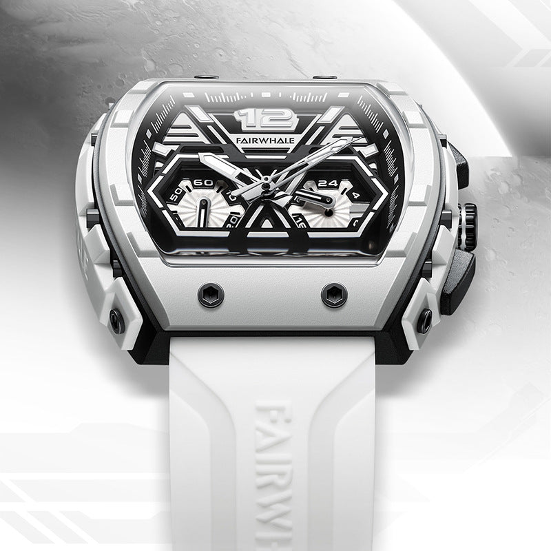 Men's Tonneau Quartz Watch, Three Subdials, Silicone Strap