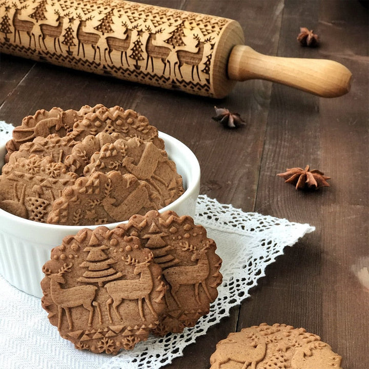 Wooden Christmas Rolling Pin for Embossed Cookie Dough