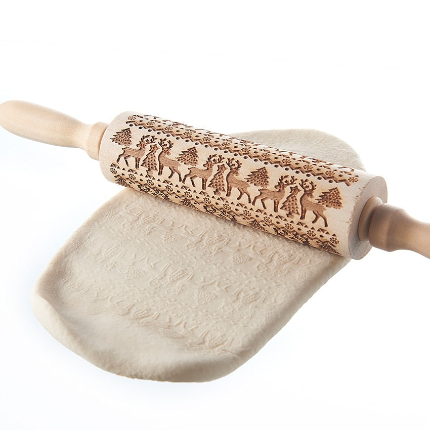Wooden Christmas Rolling Pin for Embossed Cookie Dough